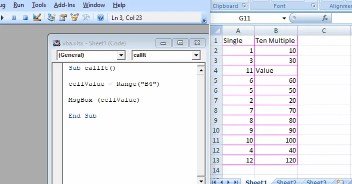 VBA で範囲メソッドを使用してセルから値を読み取る