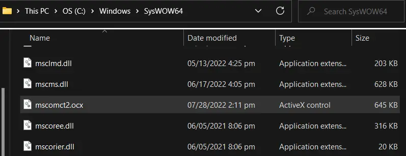 ドライブ内の mscomct2.ocx ファイルを解凍